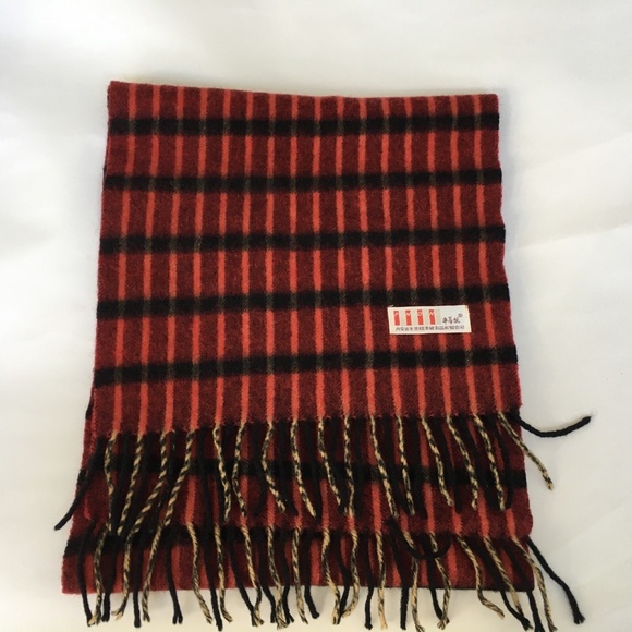 FENGDINI Scarf Wool Cashmere Blend Red Black Tan Check Rectangle 12" x 58" Soft - Picture 2 of 4